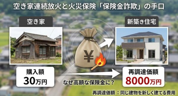 古びた木の平屋建て空き家の隣に、新築の住宅が並んでいる。空き家には「購入額30万円」のラベル、新築住宅には「再調達価額(新築建て直し費用)8000万円」のラベルが付いており、巨大な保険金の袋(¥5000万〜)が空き家から伸びて、その差額が詐欺の動機になることを視覚化している。