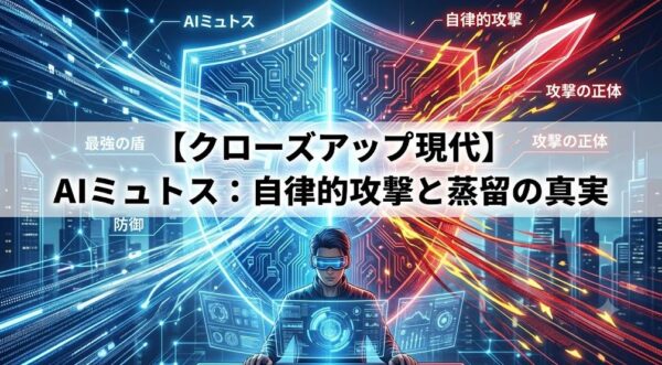 く輝く防御の盾と、赤く鋭い攻撃の剣が表裏一体となったAIミュトスの二面性を表現した近未来的なサイバーセキュリティのイメージ画像