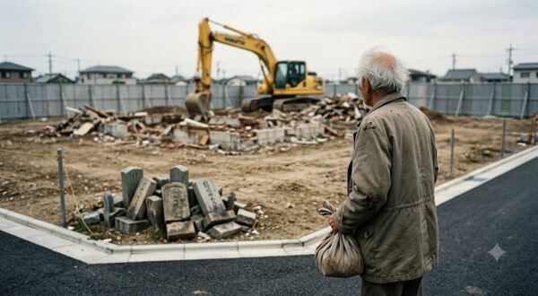 曇り空の下、大阪の寺院跡地で行われている更地工事の様子。手前には端に寄せられた古びた墓石の山があり、奥には油圧ショベルと、遺骨の包みを持った90代の男性の後ろ姿が見える。