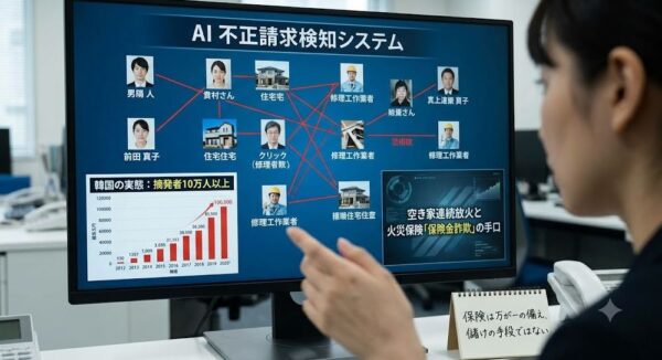 大画面のモニターが並ぶ現代的な保険会社のオペレーションセンター。モニターには「AI不正請求検知システム」とあり、赤い線が「怪しい修理業者」から「請求者」へ繋がっている様子や、グラフが表示されている。手前のデスクには、「保険は儲けの手段ではない」と書かれたメモが置かれ、制度を守るための人間の意識の重要性を示している。