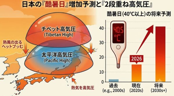 日本の「酷暑日」増加予測（2段重ね高気圧の影響）