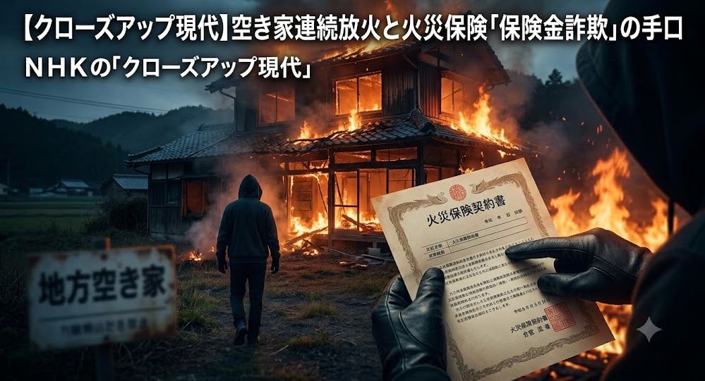 夜闇に燃える地方の古びた空き家と、その手前に浮かび上がる火災保険の契約書、そして怪しい人影。番組のテーマである「放火」と「保険詐欺」のミステリアスな雰囲気。