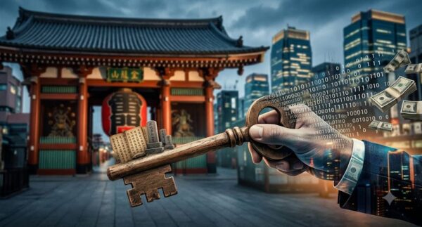 都会の夜景をバックに、スーツ姿の手が伝統的な寺の鍵を持ち、その鍵がマネーとバイナリコードに溶けかかっている、象徴的なフォトジャーナリスティックな画像