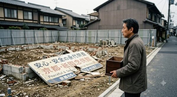 曇り空の下、京都・祇園の解体された納骨堂跡地。フェンスに囲まれた更地の前で、うなだれる男性が空の木製骨壺を持っている。