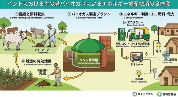 インドの酪農場を舞台に、牛と酪農家、糞を原料にするバイオガス製造プラント（ドーム）、そしてそのガスで走るエコタクシーが並び、エネルギーの地産地消サイクルを描いたイラスト