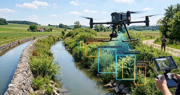 ドローンとAIを活用して河川敷の水草を早期発見・探知するイメージ
