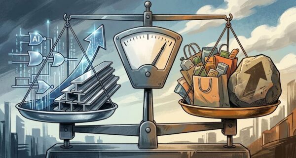 天秤の片側に光るAIチップとデータ、もう片側に重い買い物袋と「物価上昇」を象徴する岩が載り、左右が不均等に釣り合っている様子を描いた、現代的なイラスト。