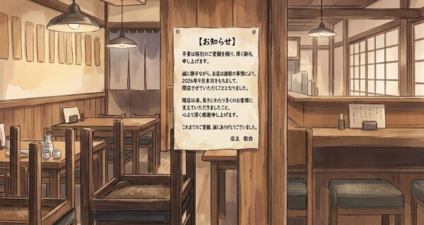 閉店して薄暗い居酒屋の店内に、無造作に積み上げられた空のパイプ椅子と木製テーブル。窓ガラス越しに、夕暮れの街を行き交う人々の影がかすかに映る、寂しげな雰囲気のイラスト。