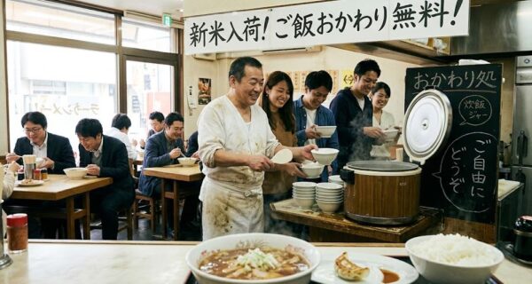 賑わう日本のラーメン店。カウンターには「新米入荷!ご飯おかわり無料!」の日本語の文字が書かれた看板と、大きな電気炊飯ジャーが置かれ、客が自分でご飯をよそっている様子。