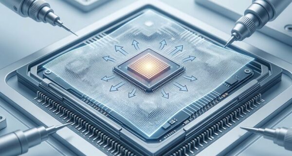 精密な半導体製造装置の内部で、青く光る半導体チップの上に、非常に薄く透明なガラス繊維のクロスが慎重に重ねられる瞬間を描いたテクニカルイラスト。