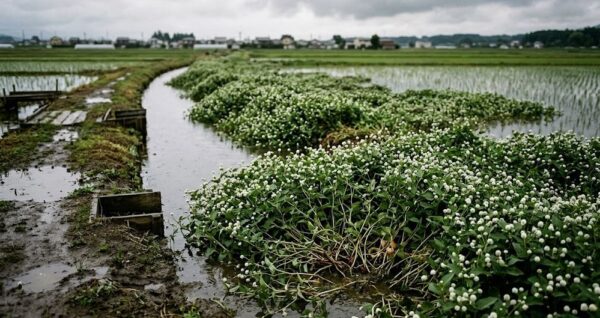 水田や用水路に繁茂して稲作に害を及ぼす水生植物の群落