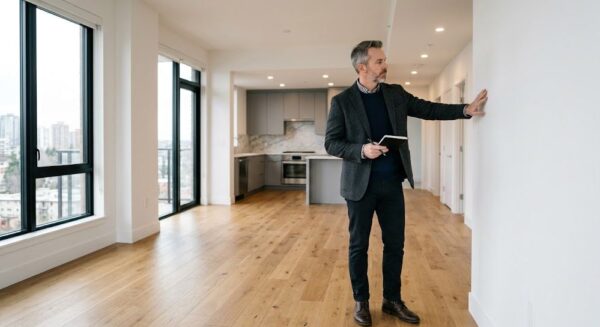 誰もいない空室の賃貸部屋と、それを真剣な表情で見つめる大家・管理会社の人物