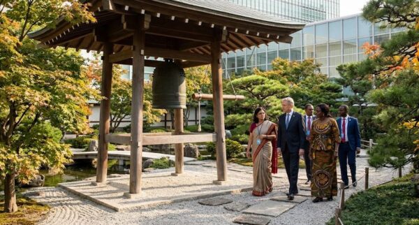 ニューヨークの国連本部敷地内にある日本庭園。石畳の小道の奥に、伝統的な屋根に守られた日本の「平和の鐘」が静かに佇んでおり、柔らかな日差しが鐘の表面を照らしている。