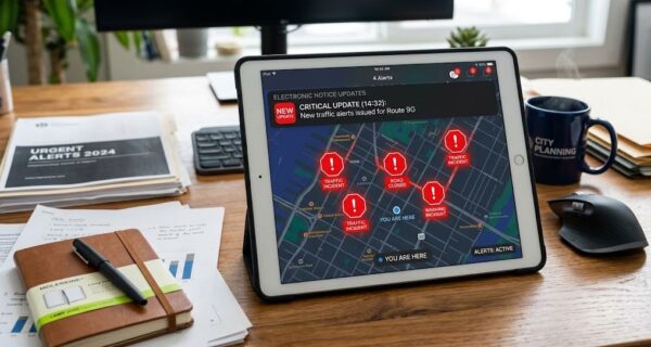 デジタル端末に表示された電子通知と警告マップのイメージ