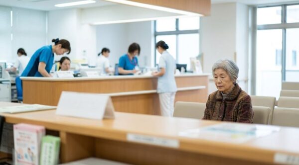 明るい病院のロビーで、少し離れた受付を背景に、一人静かに椅子に座る高齢女性。