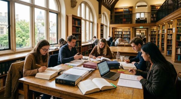 大学の図書館で資料を開いて議論する若い学生たちの姿