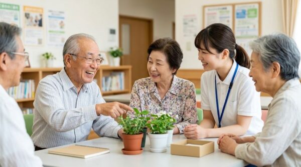 地域交流センターのような場所で、笑顔で会話する高齢男性と、彼に寄り添う女性スタッフ、そして他の高齢者たち。